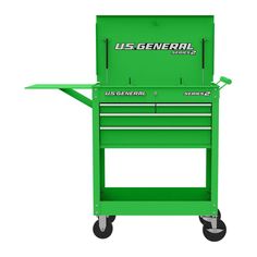 the us general tool cart is green and has two drawers on each side with wheels