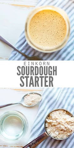 the ingredients to make sourdough starter are in small bowls and on top of a striped table cloth