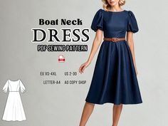 a woman in a blue dress is shown with the text boat neck dress sewing pattern