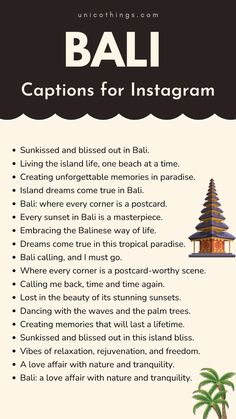 an info sheet with the words bali captions for instagram