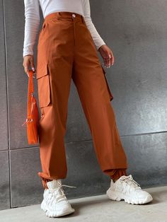 Rust Brown Casual   Polyester Plain Cargo Pants  Non-Stretch Spring/Summer/Fall Women Bottoms Rust Pants Outfit, Orange Cargo Pants Outfit, Orange Pants Outfit, Black Cargo Pants Women, Flap Pocket Cargo Pants, Pocket Cargo Pants, Orange Pants, Women Bottoms, Cargo Pants Outfit