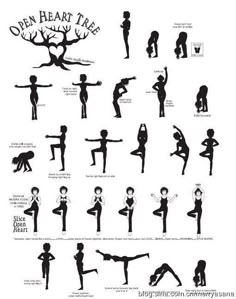 an image of various yoga poses and their names in black on white paper, with the words open heart tree above them