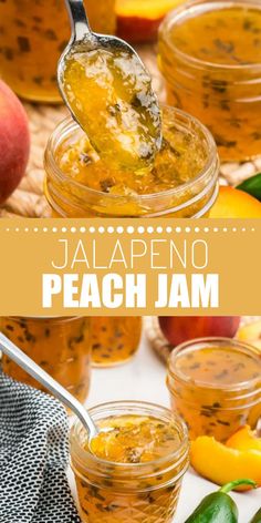 Collage of spoonful of jalapeno peach jam over jarful of more jam at top and spoon in a jar of jalapeno peach jam at bottom. Mango Jalapeno Jam, Jalapeno Jam Recipe, Spicy Jam, Low Sugar Jam Recipes, Low Sugar Jam, Pepper Jelly Recipes, Jalapeno Jam