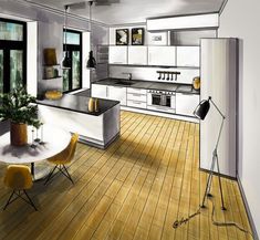 an artist's rendering of a kitchen and dining room