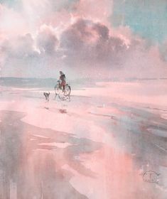 a painting of a man riding a bike on the beach with his dog walking beside him