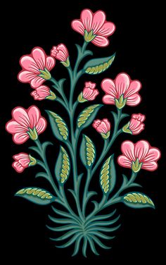 a pink flower on a black background with green stems and leaves in the center, surrounded by smaller pink flowers