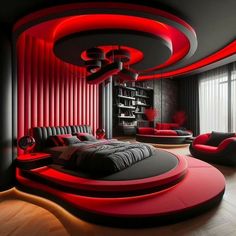 a modern bedroom with red lighting and black furniture in the center, along with a round bed