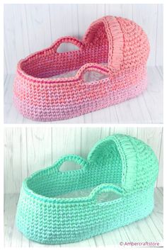 crocheted baby shoes are shown in two different colors and sizes, one is pink and the other is green