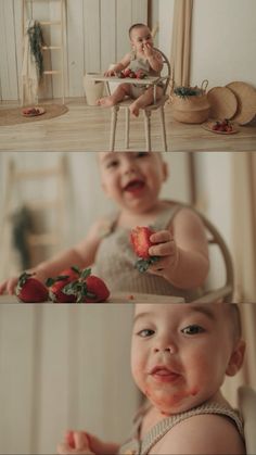 a baby is sitting in a chair and eating strawberries while another child looks at the camera