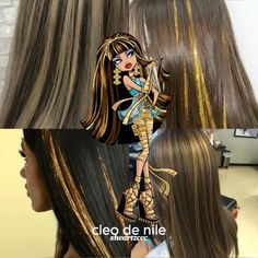 Cleo De Nile Hair, Monster High Hair Dye, Monster High Hairstyles, Two Color Hair Dye Ideas, Skunk Highlights, Monster High Hair, Hairstyles With Curled Hair, The Wet Look, Two Color Hair