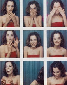 six pictures of a woman with different facial expressions and hands on her face, in front of a blue background