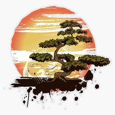 a bonsai tree in front of an orange sun with splots on it