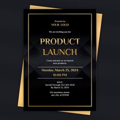 a black and gold product launch flyer