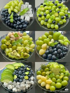 four pictures of different types of fruit in glass bowls with green and blue grapes, kiwis, cucumbers, etc