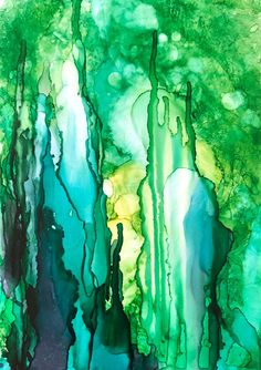 an abstract painting with green and blue colors