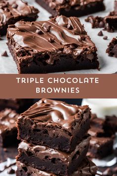 triple chocolate brownies stacked on top of each other with the words triple chocolate in the middle