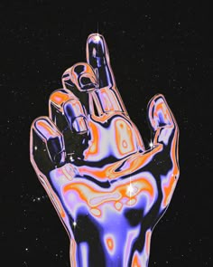 a hand with an orange and blue design on it is in the middle of a black background