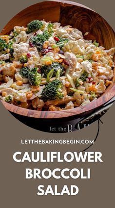 broccoli and cauliflower salad in a wooden bowl