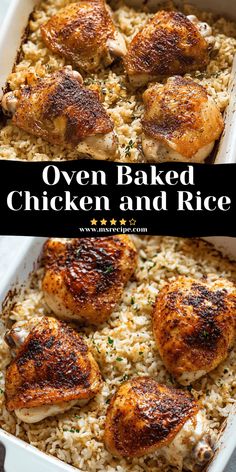 oven baked chicken and rice in a white casserole dish with text overlay