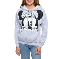 Get the comfortable Disney look with this totally adorable Minnie Mouse fleece hoodie sweatshirt for women. > Women's Minnie Mouse Fleece Hoodie Sweatshirt - Gray. > Graphic print of Minnie peeking right above the pocket on front. > Long Sleeve, Large front pocket, Medium weight. > 60% Cotton, 40% Polyester. Very soft and comfortable fleece fabric. > Officially Licensed By Disney Apparel. Gender: female.  Age Group: adult. Disney Apparel, Minnie Mouse Hoodie, Disney Women, Style Hoodie, Disney Ladies, Disney Outfits, Grey Women, Grey Sweatshirt, Fleece Hoodie