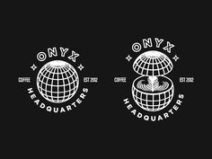 two logos with the words onyx and headquarterss written in white ink, against a black background