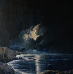 an oil painting of the ocean at night with moon and clouds in the sky above it