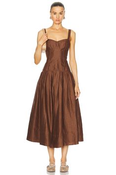 Find NICHOLAS Makenna Drop Waist Corset Midi Dress In Brown on Editorialist. NICHOLAS Makenna Drop Waist Corset Midi Dress in Brown Self: 100% linen Lining: 100% cotton. Made in China. Dry clean only. Fully lined. Hidden back zipper closure. Contour stitch bodice. Linen fabric. NHOL-WD468. S24D2310C. About the designer: Established in Melbourne in 2009 Nicholas was an instant cult hit. Known for its effortless and easy to wear style, Nicholas pieces are instantly recognizable with their clean lines, subtle detailing and bold colour palette. Honeymoon Wear, Snow Dress, Corset Midi Dress, Waist Corset, Cotton Long Dress, Resort Dresses, Linen Midi Dress, Maxi Slip Dress, Midi Length Skirts