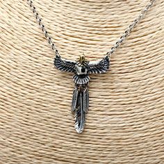 Men's Sterling Silver Eagle Feather NecklaceMetal Type: 925 Sterling Silver / Brass (the yellow part)Gender: For MenStyle: VintagePendant Size: 31 mm (w) * 46 mm (h)Pendant Weight: 5.1 gChain Type: Sterling Silver Rolo ChainChain Width: 3 mmLength: 18 in / 20 in / 22 in / 24 in / 26 in / 28 in / 30 inMinimum Order: 1 Eagle Feather, Eagle Feathers, Biker Jewelry, Silver Eagle, Feather Necklace, Silver Eagles, Feather Necklaces, Sterling Silver Mens, Silver Brass