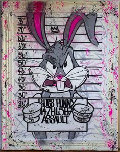 a drawing of a rabbit holding a sign that says, this funny mugshot is about