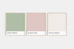 three different shades of pink, green and white paint on the same color palettes