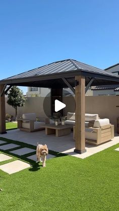 a dog standing in the grass next to a covered patio with furniture and an awning