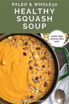 paleo and whole healthy squash soup in a pan with spoons on the side