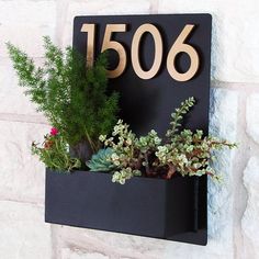 there is a planter with plants in it and the number 1506 on the wall