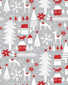 a gray and red christmas pattern with houses, trees, and snowflakes on it