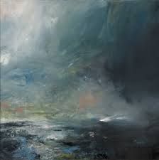 an abstract painting with black and white colors on the bottom right corner, dark clouds in the background