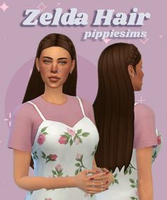 a woman with long brown hair standing in front of a pink background and the words zelda hair pippiesims