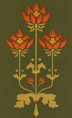 an art nouveau design with red flowers on green background