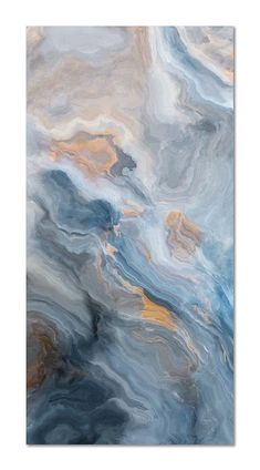 an abstract painting with blue, gold and white colors on it's surface is featured in this image