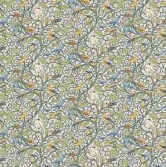 an intricately designed wallpaper with birds and leaves in blue, green, yellow and white