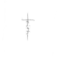 the word faith is written in cursive writing on a white background with a cross