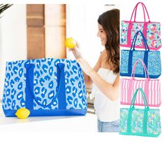 a woman holding an apple and shopping bags in front of her, with the same bag on display