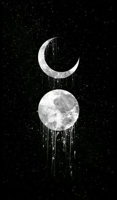 two crescents with dripping water on them against a black background, in the shape of a moon