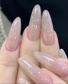 Sample Nails Ideas, Painted Tips Acrylic Nails, Korean Soft Nails, Korean Ballerina Nails, Nails For Prom Pink, Dainty Feminine Nails, Natural Transparent Nails, Bare Acrylics, Korean Glass Nails Short