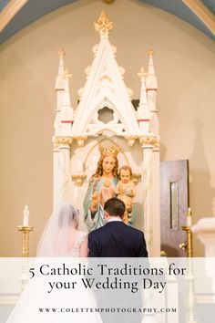 a bride and groom standing in front of a statue with the words 5 catholic traditions for your wedding day