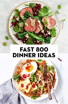 two plates with different types of food and the words fast 800 dinner ideas on them