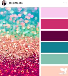 a color palette with pink, blue and green glitters in the background is an image of