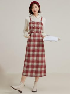 This is a feminine and romantic dress by LANGSON that is made out of high quality cotton wool, nylon, acrylic, and mohair blend fabric. With design detail of sleeveless design and plaid checkered pattern overall, it gives a trendy and feminine look.- Sleeveless design- Checkered pattern overall with buttons detail- Feminine and modern mood Winter Plaid Tweed Dress, Sleeveless Plaid Dress For Work, Casual Plaid Tweed Dress, Chic Plaid Winter Dress, Casual Tweed Dresses For Winter, Fall Gingham Sleeveless Dress, Red Checkered Outfit, Check Dresses For Women, Pinafore Dress Pattern Free