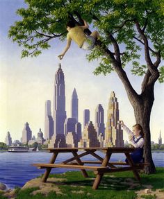 a painting of a person sitting on a picnic table in front of a cityscape