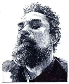 a black and white drawing of a man with curly hair looking to his left side