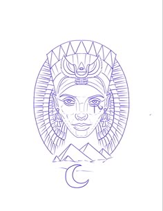 an egyptian woman's face with the moon above her head, in blue ink